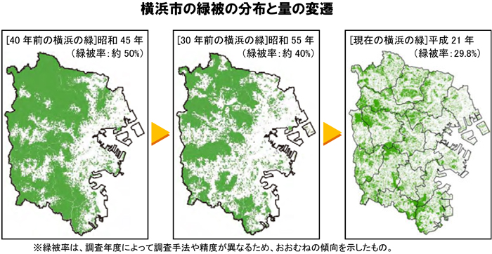 横浜市の緑被の分布と量の変遷